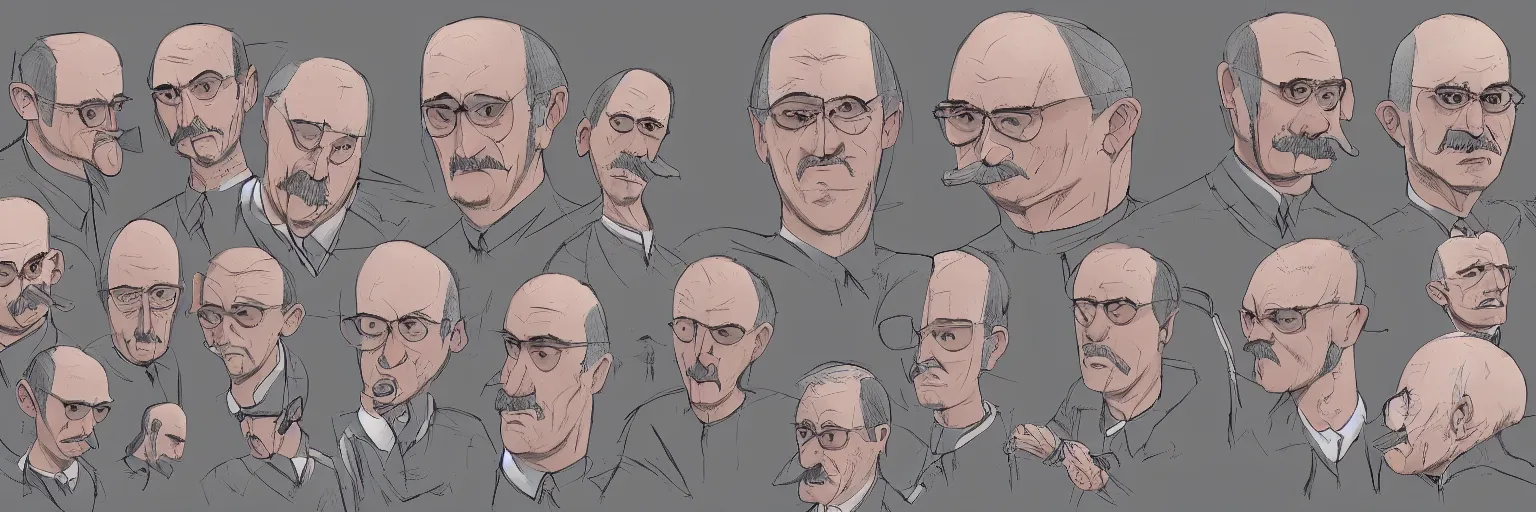 Prompt: colored character study of balding 4 5 yo mike patton and hitler, clear, evil, glasses, character sheet, fine details, concept design, contrast, kim jung gi, da vinci and pixar, trending on artstation, 8 k, full body and head, turnaround, front view, back view, ultra wide angle