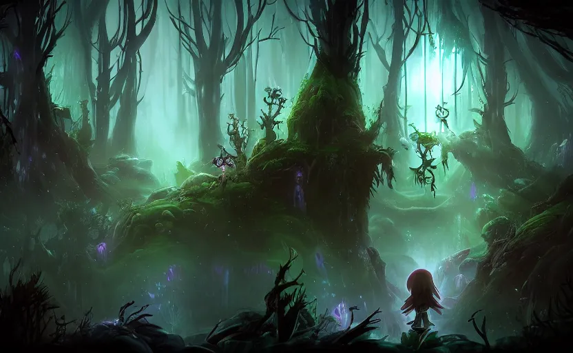 Image similar to dark ominous mysterious ambient magical forest landscape painting, fantasy, dreamlike, foggy, romantic, in the style of Ori and the Blind Forest