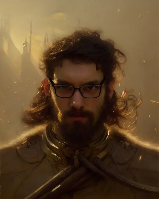 Image similar to a half body portrait of geek, high detail, cleary see face, by gaston bussiere, bussiere rutkowski andreas rocha, bayard wu, greg rutkowski, odd nerdrum, maxim verehin, dan dos santos, masterpiece, sharp focus, cinematic lightning