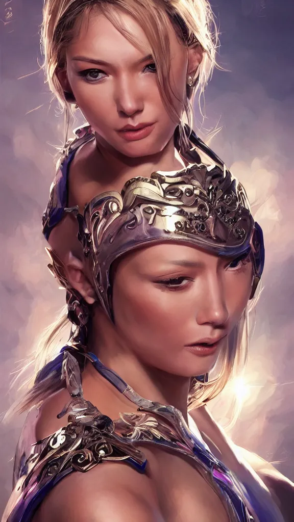 Image similar to Athletic exotic princess woman, modern body combat harness straps, robes, platinum jewellery, painted illustration poster, collage, intricate, elegant, highly detailed, digital painting, artstation, concept art, matte, sharp focus, illustration, sunset, specular lighting, art by Noriyoshi Ohrai, by artgerm