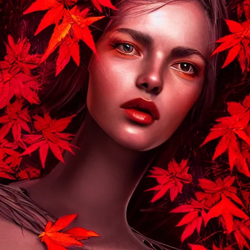 Prompt: a highly detailed digital image of a futuristic woman elegantly wrapped with fiery red leaves, by Andrea Chiampo, artstation and Frederik Heyman, extremely detailed woman, stunning volumetric lighting, hyper realism, fantasy 4k