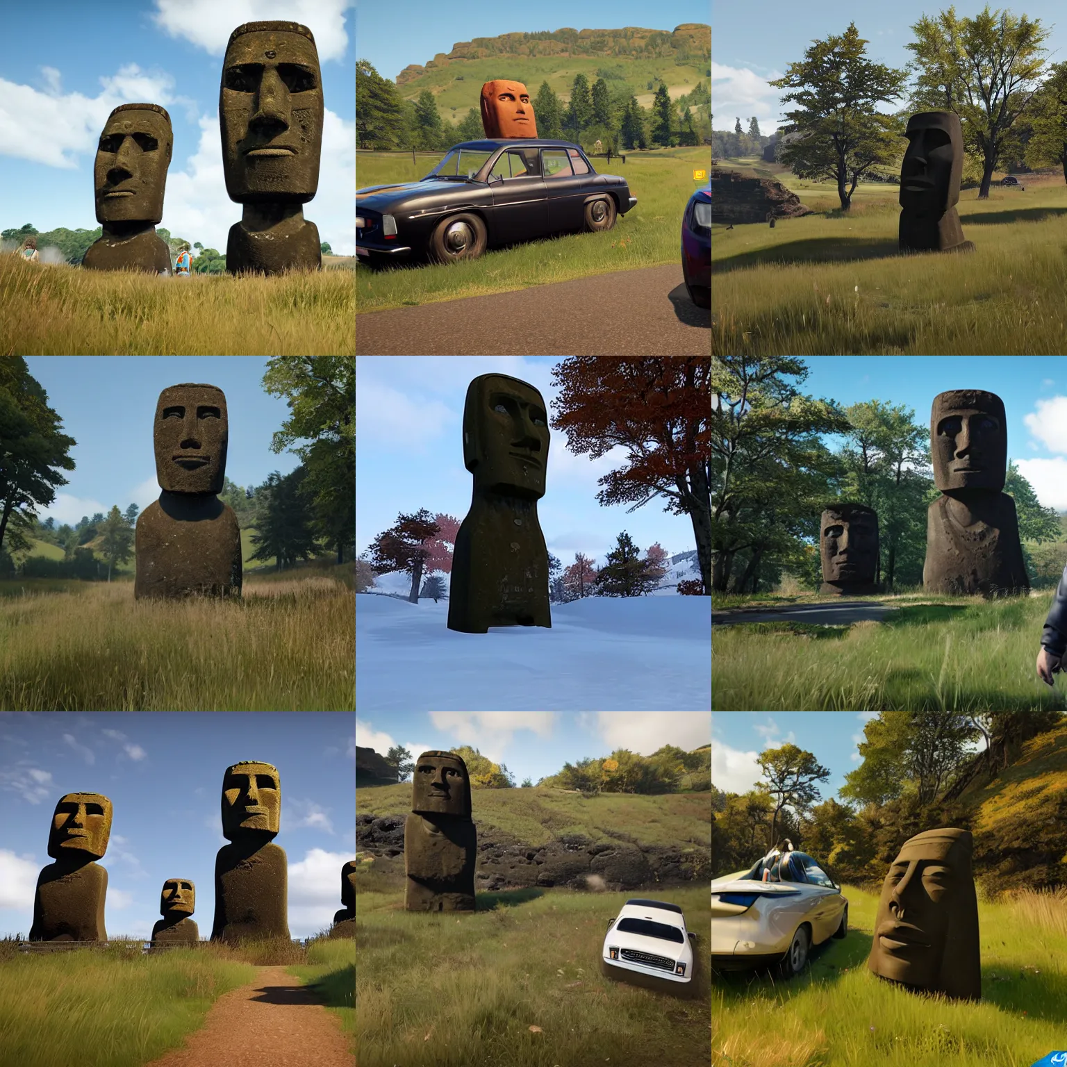 Prompt: moai in forza horizon 4 game