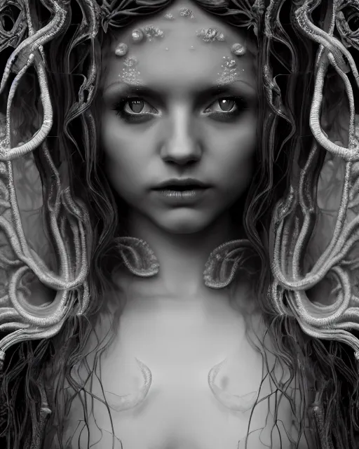 Image similar to mythical dreamy underwater black and white photo of a translucent beautiful young female angelic - medusa - vegetal - doll, highly detailed, intricate crystal ivy jelly ornate, poetic, translucent algae ornate, digital art, octane render, 8 k artistic photography, photo - realistic, hg giger