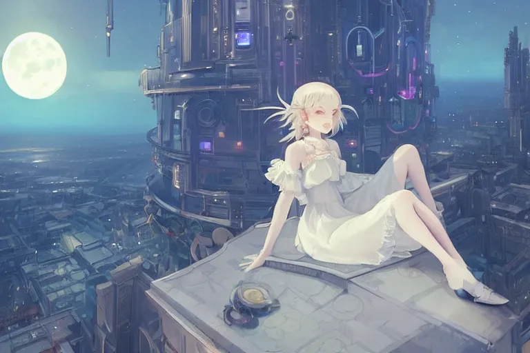 Prompt: extremely beautiful and aesthetic white dress girl sitting on top of the city tower, mix of lunarpunk and clockpunk, night sky and moonlight, lot of clock mechs, hyperdetailed symmetrical face and eyes, 8 k, unreal engine, chiaroscuro, sharp focus, trending on artstation, by makoto shinkai and ferdinand knab and jeremy lipking