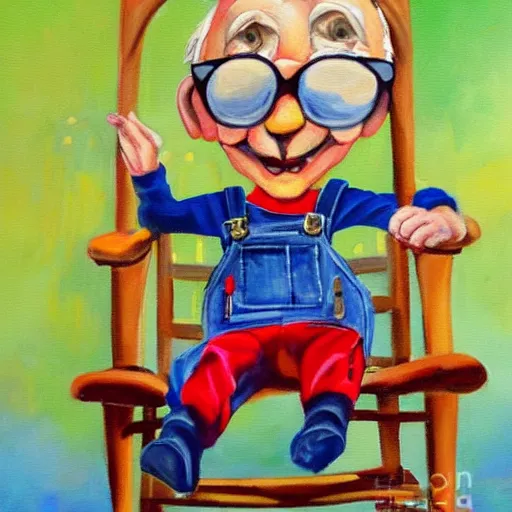 Image similar to a painting of grandpa rat wearing overalls on a rocking chair, telling stories, cute and wonderful vivid painting