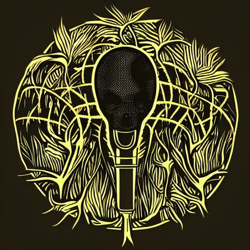 Image similar to dark death metal themed vector illustration for a record label, trees. forest, spikes, skull, microphone, skull, award winning, grunge, iconic, golden ratio