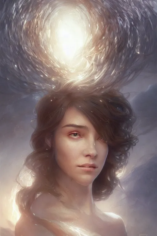 Image similar to dusty wind blowing!!!, orbs of light translucent skin, dreaming of the void! cinematic volumetric lights, bust portrait, dnd, fantasy, intricate, elegant, highly detailed, digital painting, artstation, concept art, smooth, sharp focus, illustration, art by artgerm and tom bagshaw and greg rutkowski and alphonse mucha