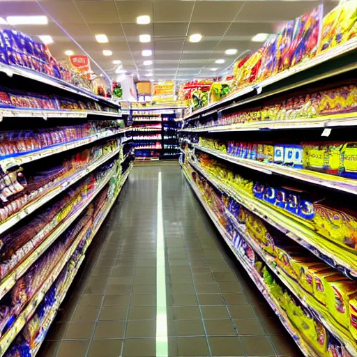 Image similar to supermarket aisles, fisheye lens, color, fluorescent lighting,