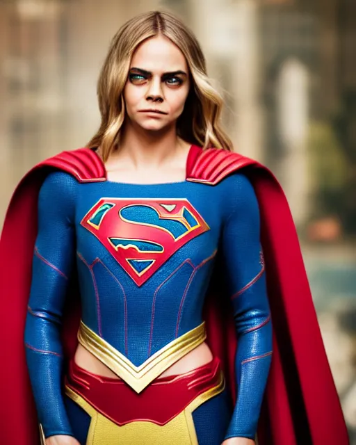 Image similar to high quality presentation photo of a cara delevigne as supergirl, photography 4k, f1.8 anamorphic, bokeh, 4k, Canon, Nikon