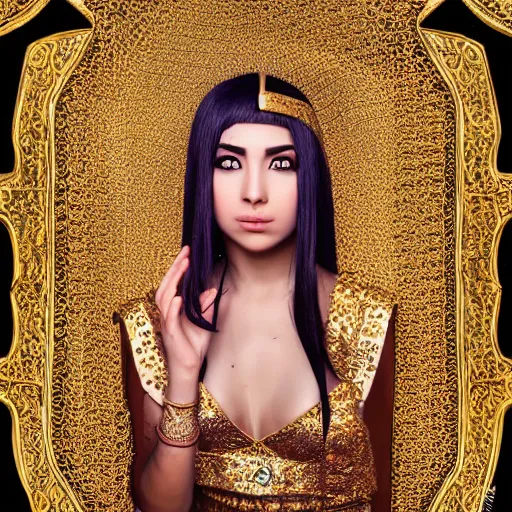 Prompt: female genie, arabic outfit, gold tint, modelsociety, radiant skin, huge anime eyes, RTX on, perfect face, intricate, Sony a7R IV, symmetric balance, polarizing filter, Photolab, Lightroom, 4K, Photography Award