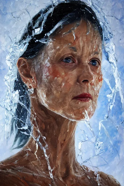 Image similar to palette knife oil painting portrait dr krystal knight, woman, late 4 0 s, eyes filled with icy hate, extreme detail, artstation trending, ice, cold, freezing, artgerm, any racial background, deviant art, octane, substance, art history 8 k