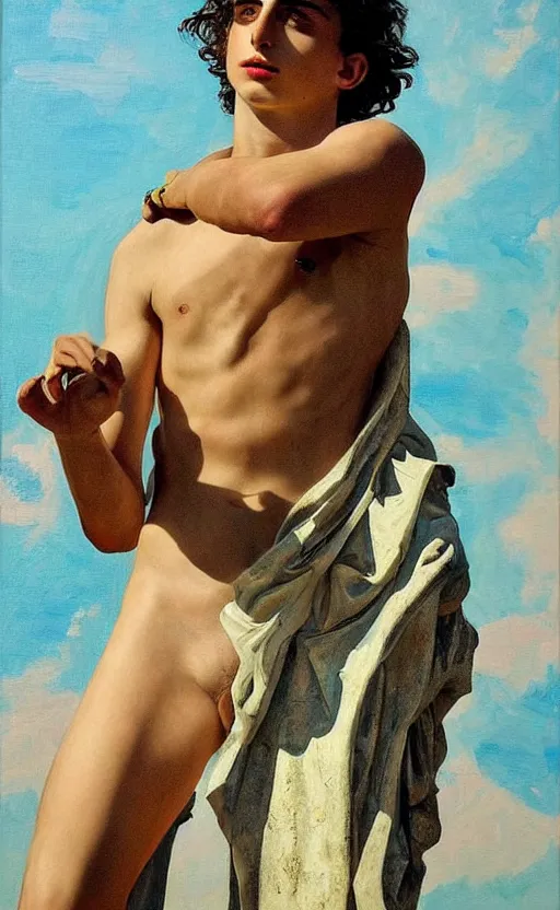 Image similar to Timothee Chalamet as Antinous in ancient Greece, intense painting, sunny, tropical, +++ super supper supper dynamic pose,  digital art, +++ SFW(SAFE FOR WORK) +++ quality j.c. leyendecker, limited edition, shiny, ++++, thick eyebrows, masculine appeal high fashion, GREEN EYES, GREEK CLOTHES, closeup, important, smirking, palm trees, tropical flowers, colorful, surrealism art, modern