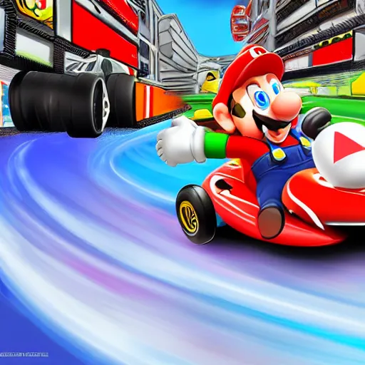 Prompt: Vladimir Putin driving a Mario kart, highly detailed, digital art