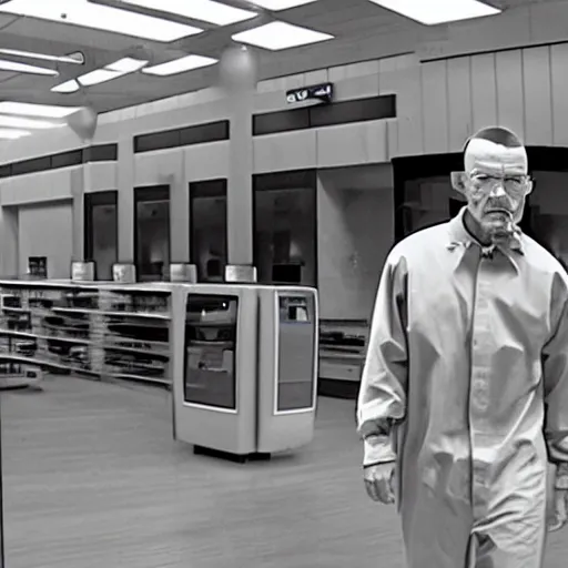 Prompt: Security cam footage of Walter White with airpods in