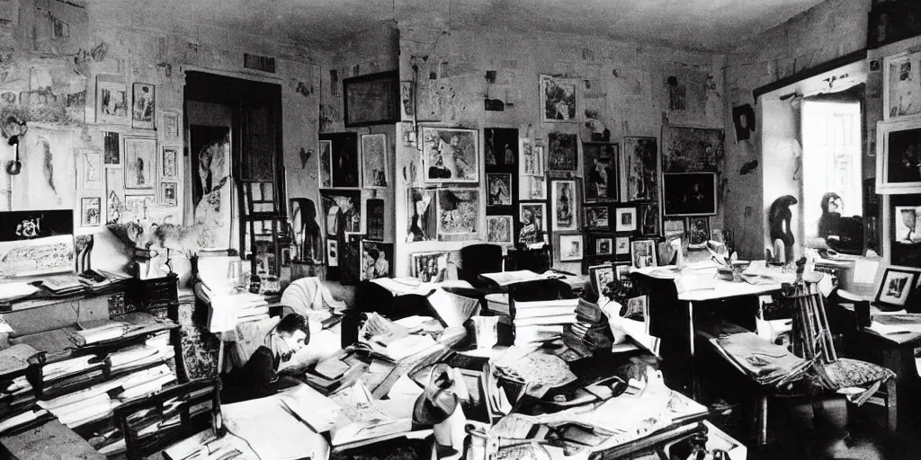 Prompt: a writer's room, lots of screens and cinema, super cinematic, detailed, wonderful creative, by charles addams and hilma af klint and affandi