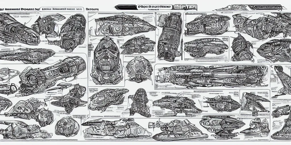 Image similar to highly detailed character sheet drawing, side view, sf interstellar travel drive designs, intricate and stylized spaceship designs