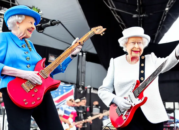 Image similar to photo still of queen elizabeth on stage at vans warped tour!!!!!!!! at age 7 0 years old 7 0 years of age!!!!!!! shredding a guitar on stage, 8 k, 8 5 mm f 1. 8, studio lighting, rim light, right side key light