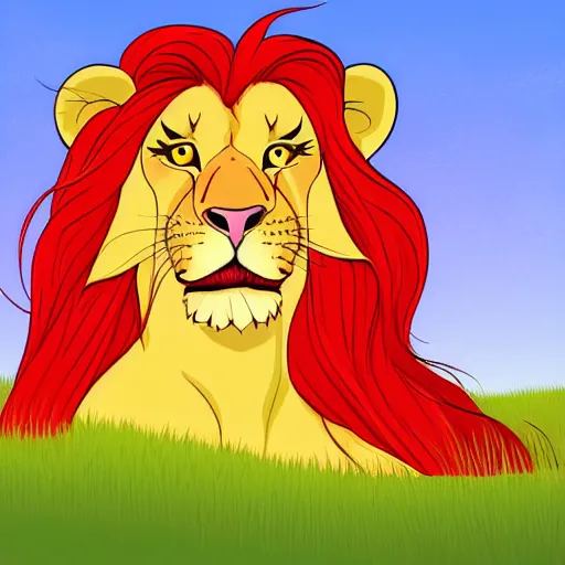 Prompt: a pretty lion with very long and special bright red hair with a simple rounded line in a meadow, well detailed face, style simpsons, sharp focus, illustration, ArtStation