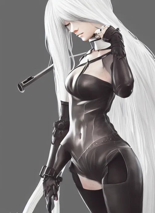 Image similar to A2 from nier automata, long white hair, slim build, fair skin, dynamic pose, smooth, high detailed, artstation, digital illustration, splash art, fanart by artgerm