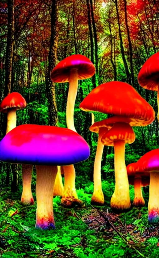 Prompt: trippy enchanged forest with large psychedelic mushrooms