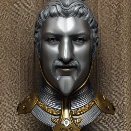 Prompt: bust portrait of a knight, silver, steel, ornate decoration, gold trim, octane, unreal 5