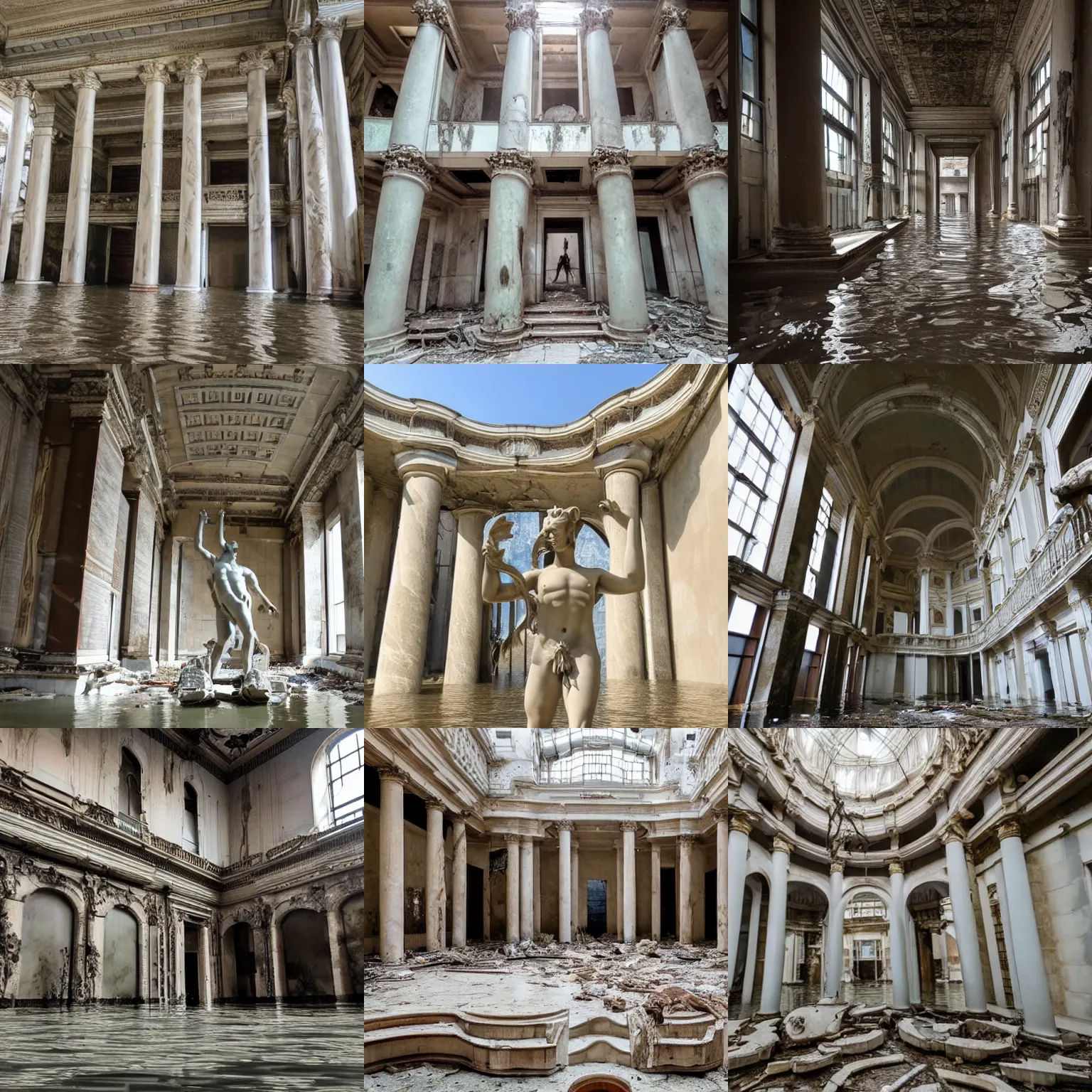 Prompt: photo of flooded vast infinite classic halls and beautiful human statues with many huge marble staircases minotaur gods helenistic classic statues sculptures decrepit derelict abandoned piranessi