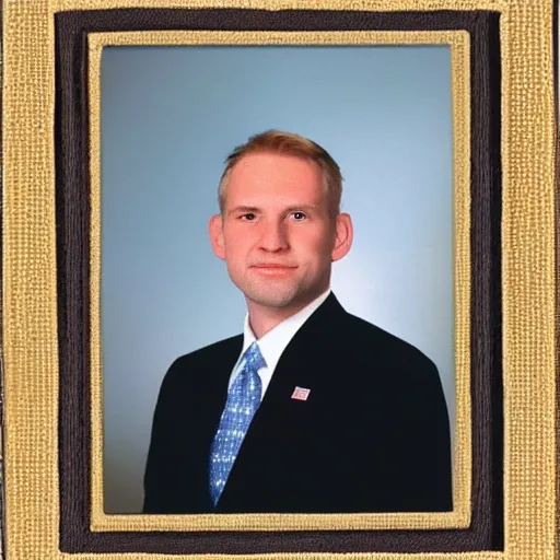 Prompt: official portrait of the united states president, 1994. He is a 35 year old white man from Texas with blond hair and a scar on his cheek.