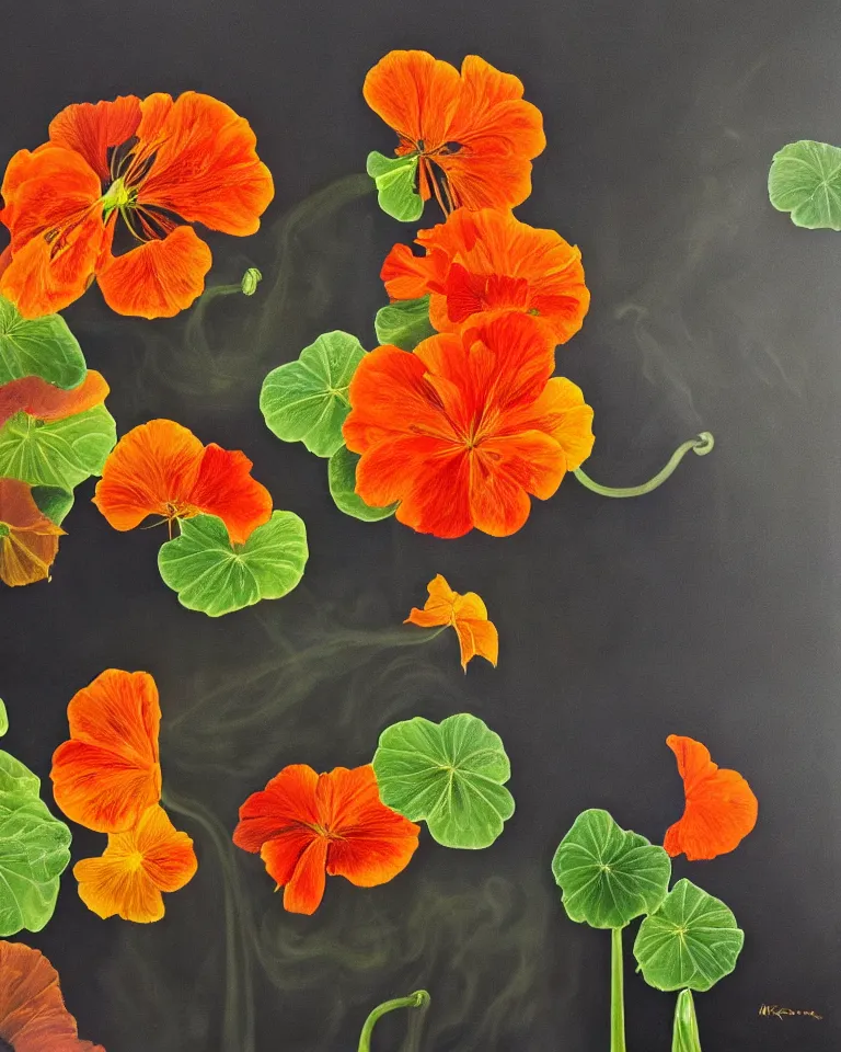 Image similar to hyperrealist still life artwork of nasturtium and colourful smoke from dark flames.