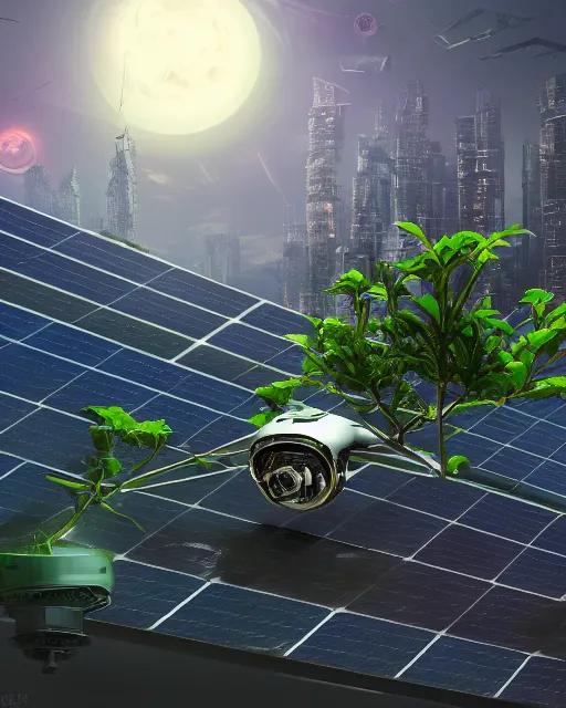 Image similar to solarpunk vehicle above a city, scifi, futuristic, bright light, highly detailed, concept art, green plants, research complex, school, white building, drones, solar panels, flowers, utopia, sharp focus, trending on artstation, intricate, atmosphere, raining, art by roman makarenko, dzung phung dinh
