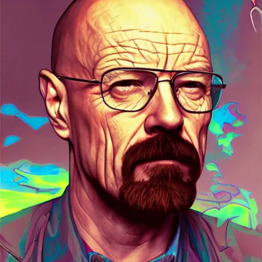 Prompt: high quality illustration, walter white realistic portrait, by etam cru, cyberpunk, alphonse mucha, riot game, beautiful, epic camera, colorful background, arcane, league of legend, digital painting, dynamic colors, artstation, concept art, graffiti, neon