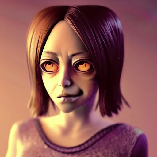 Image similar to Manga cover portrait of an extremely cute and adorable beautiful, creepy!! Aubrey Plaza as a sleep paralysis demon horror girl, dim lighting, long disheveled hair hanging over her eyes, eerie atmosphere, 3d render diorama by Hayao Miyazaki, official Studio Ghibli still, color graflex macro photograph, Pixiv, DAZ Studio 3D