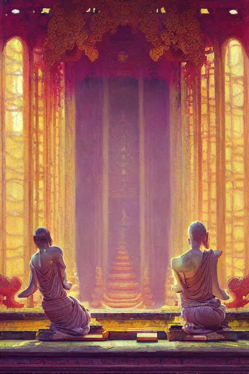 Image similar to temple, buddhism, impressionnisme, painting by greg rutkowski, artgerm, claude monet