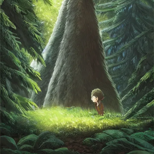 Image similar to big creature in the forest in the ghibli artstyle, art 8k detailed, smooth, highly detailed, ghibli