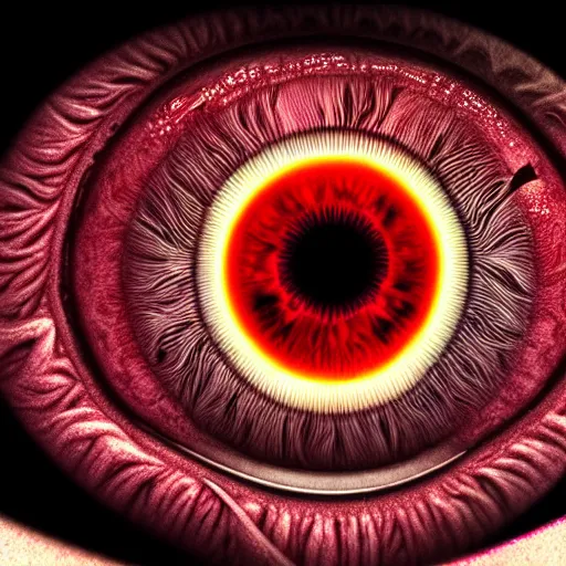 Image similar to a detailed extremely close up of inside the iris, cornea, red image, microscopic, extremely close up drawing by junji ito, cgsociety, generative art, lovecraftian, parallax, cosmic horror, extremely detailed, hyperrealism, unreal engine, octane render, award winning, masterpiece, highly detailed, realistic, 4 k, digital