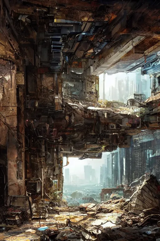 Prompt: a cyberpunk landscape with a pile of rubble inside a large corner wall with a window and the light shining through james gurney, artgem