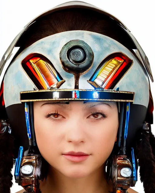 Prompt: centered medium shot fine studio photograph of a beautiful girl wearing only a mecha electronic native American indian helmet with bright led lights, ultra-realistic, white background, 8k HDR sunset lit, intricate