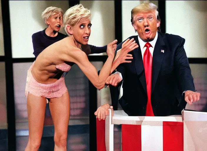 Image similar to dobby donald trump cult initiation ritual on stage stage of the elen degeneres show, detailed facial expression