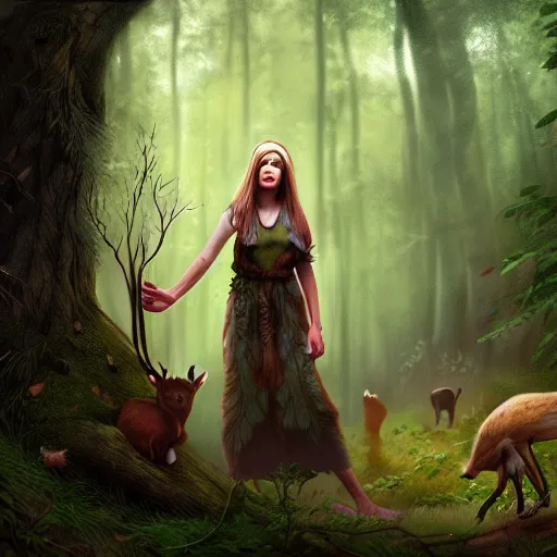 Prompt: a female woodland druid surrounded by forest animals, in the woods, hyper realistic, digital painting, photorealistic, in the style of greg rutkowski, detailed face