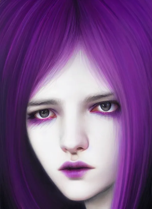 Image similar to hair whitebangs hair, black hair, blackbangswhitehair, portrait of teenage girl with white bangs, red irises, purple clothes, white bangs, bangs are different color from hair, intricate, elegant, glowing lights, highly detailed, digital painting, artstation, concept art, sharp focus, illustration, art by wlop, mars ravelo and greg rutkowski