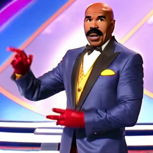 Prompt: film still of Steve Harvey as Iron Man, hosting Family Feud