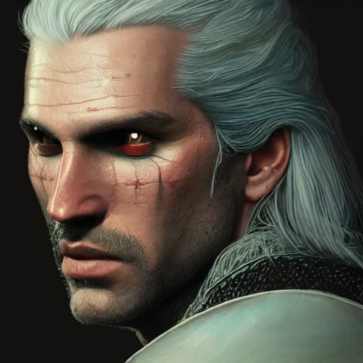 Image similar to Portrait of Geralt of Rivia by Michele Soavi, closeup, 8k, photorealism, Tom Bagshaw, global illumination, volumetric lighting, CGsociety, radiant light