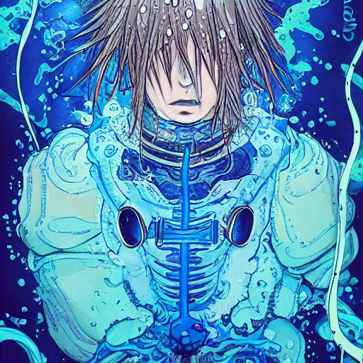 Prompt: portrait of the The jovial Water Mage Mage Wearing a blue scuba suit whilst disguised as a crab Under the sea uta natsume Mark Riddick Alexey Egorov Inio Asano sui ishida