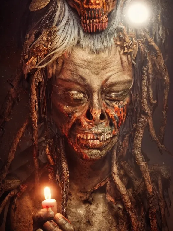 Image similar to fine painting of a death shaman from an ancient culture with mushrooms growing from his body, candlelight, 8 k, ultra realistic, lens flare, atmosphere, glow, detailed, intricate, full of colour, cinematic lighting, trending on artstation, 4 k, hyperrealistic, focused, extreme details, unreal engine 5, cinematic, masterpiece