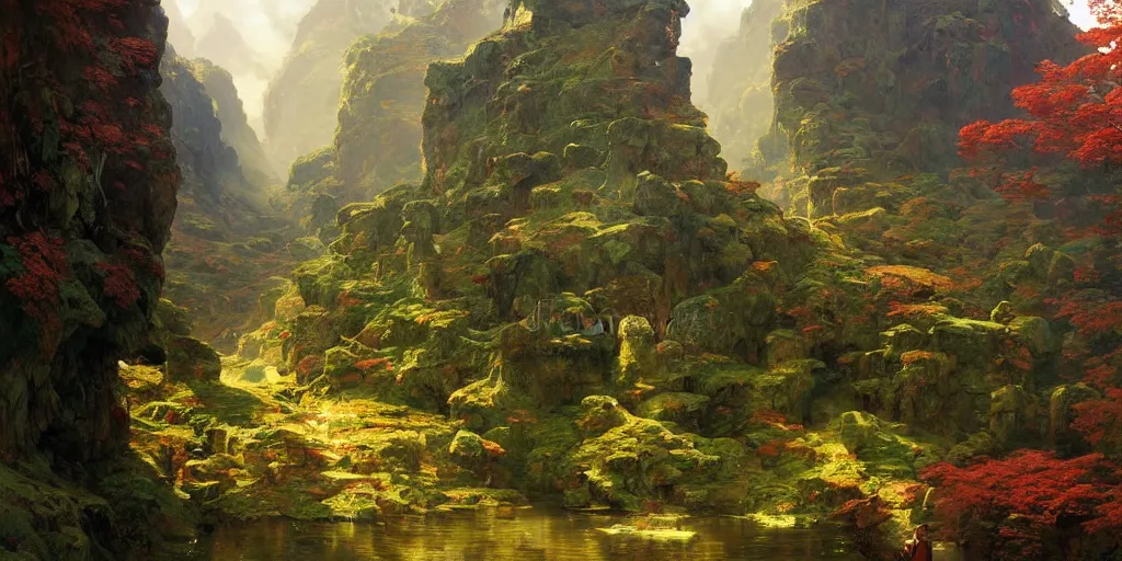 Image similar to beautiful landscape forests mountains rivers red and green leaves many layers waterfalls villages castles, buildings artstation illustration sharp focus sunlit vista painted by ruan jia raymond swanland lawrence alma tadema zdzislaw beksinski norman rockwell tom lovell alex malveda greg staples