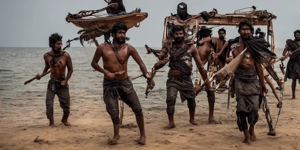 Image similar to sri lankan mad max style on boats, ocean, film still, epic shot cinematography, rule of thirds