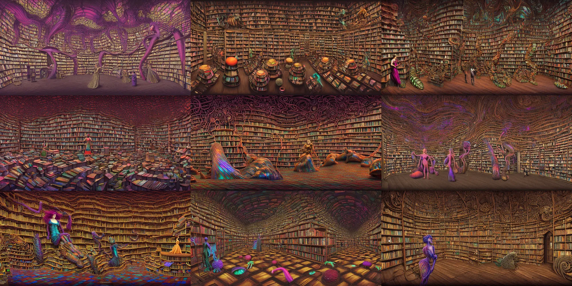 Prompt: insanely detailed generative archvis render of the bookshop of giant iridescent trilobites, a woman in victorian bustle guides them, masterwork, aerochrome eyes, fungal pages, Cronenberg bookshop, by Mark Ryden, Jeff Koons, Moebius, zdzisław beksiński, houdini, siggraph, threadlike, renderfarm