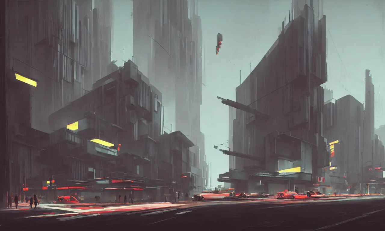 Image similar to streetscape, simple brutalist architecture, white neon lighting, neon signs, flying vehicles, pedestrians, greg rutkowski, syd mead, ralph mcquarrie, concept art, matte painting, finely detailed, minimal artifacts, rule of thirds, dynamic lighting, cinematic, detailed, denoised, centered