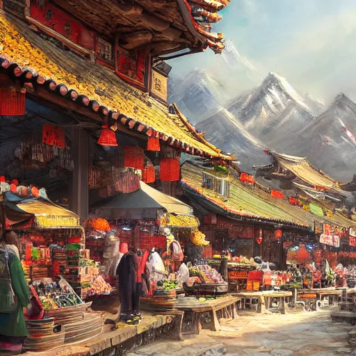Prompt: a beautiful painting of a bustling mountaintop marketplace, by Feng Zhu, featured on artstation