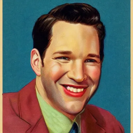 Image similar to “Paul Rudd portrait, color vintage magazine illustration 1950”