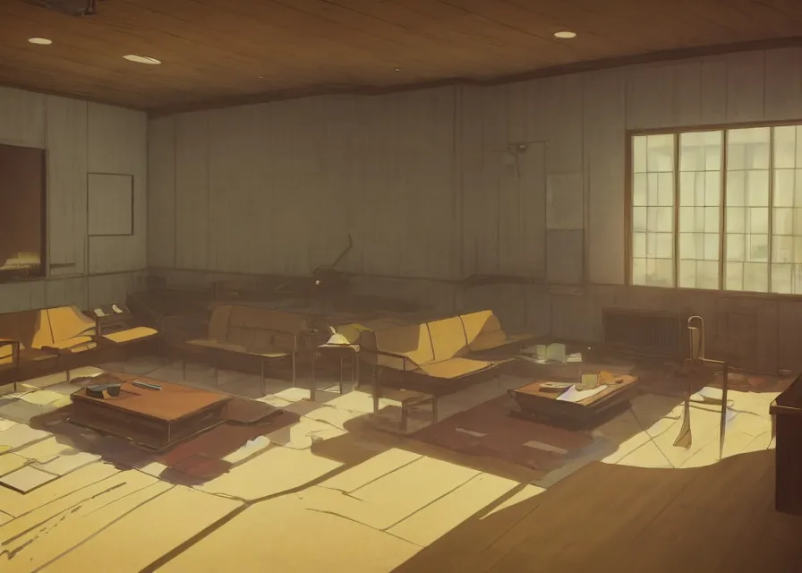 Prompt: interior of a 1 9 7 0 s conversation pit, makoto shinkai, dusty